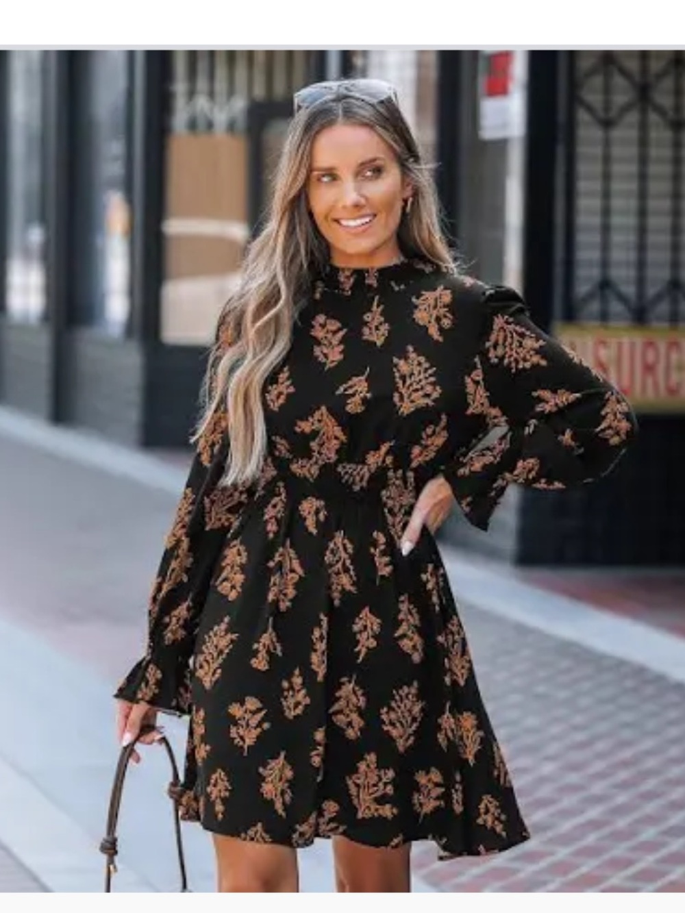 Black Floral Long-Sleeve Smocked Waist Dress - CUPSHE woman’s size small